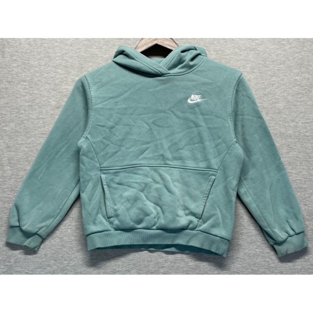 Nike Hoodie Youth Kids Medium Muted Teal Fleece Lined Swoosh Logo Ribbed Trim